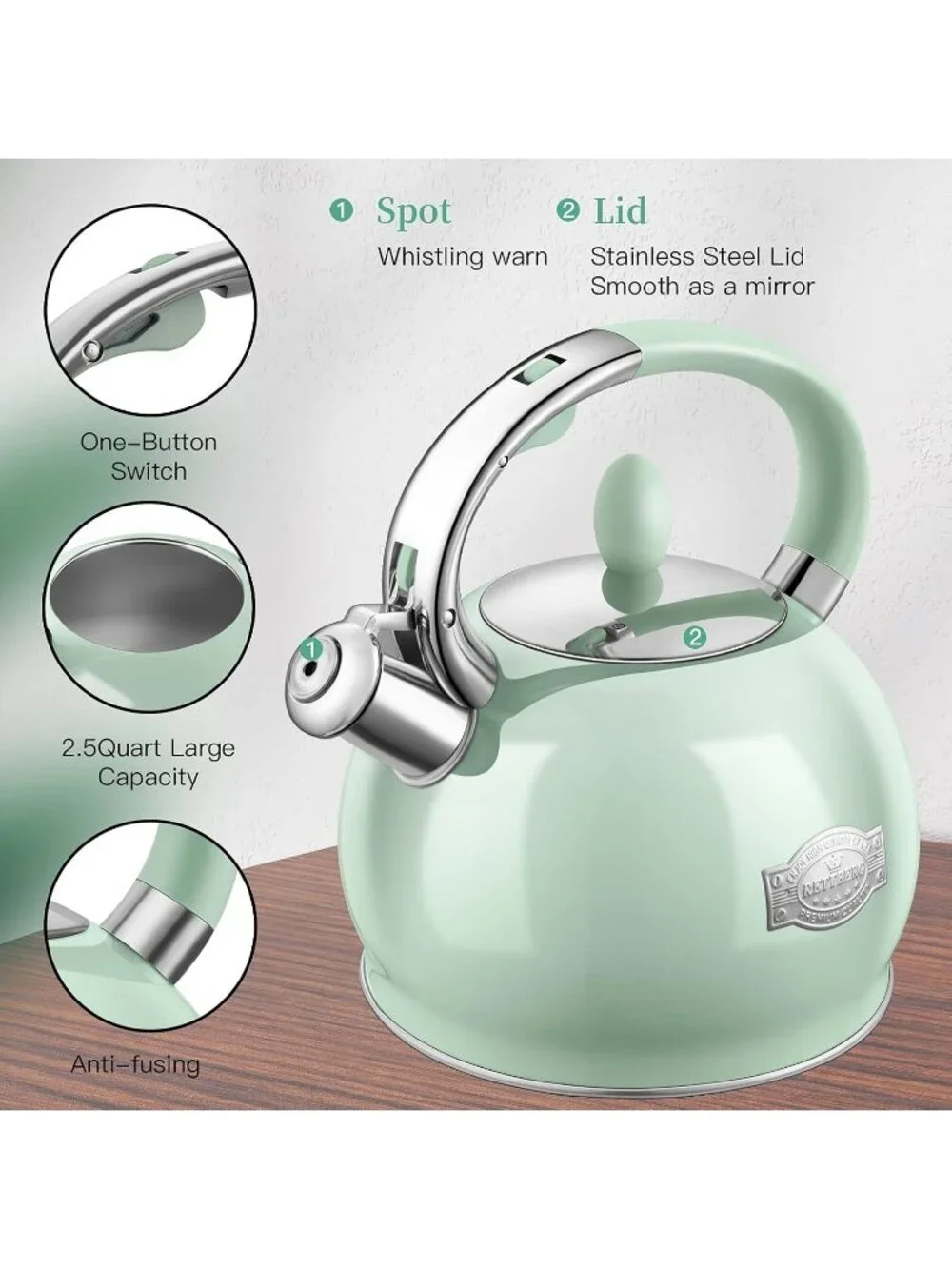 Mint Green Whistling 2.64QT Stainless Steel with Cool Touch Handle Teakettle